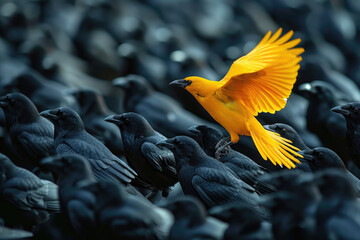 A yellow crown among a flock of black crown, raising head as a leader. Being different and unique with its own identity and special skills among the others