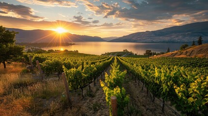 Sunset at Okanagan Lake near Penticton with a vineyard in the foreground