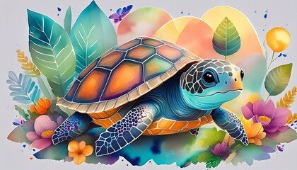 baby turtle, boho animal watercolor cartoon collection