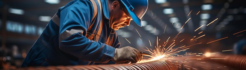 Obraz premium Professional engineer at construction site focusing on bending iron wire, blurred machinery in background