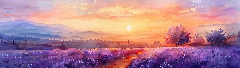 A watercolor landscape captures the serene beauty of a sunset over lush lavender fields AI Generate