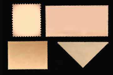 Set of blank aged postage stamps isolated on white background. Texture of paper.  Vector illustration