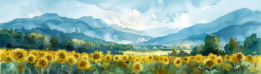 Watercolor strokes illustrate calming rhythms in a scene of lush mountains and a sprawling sunflower field AI Generate