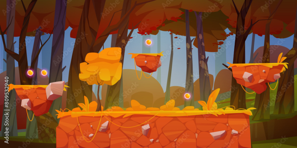 Wall mural game level map with flying ground platform for run and jump gameplay. cartoon vector illustration of