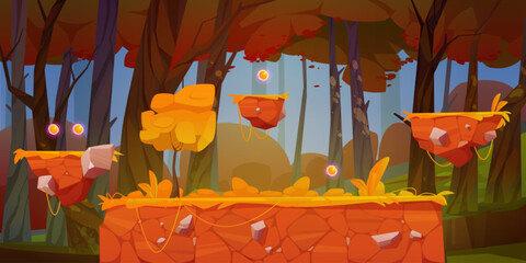Game level map with flying ground platform for run and jump gameplay. Cartoon vector illustration of autumn forest with soil and stone floating islands with yellow grass. Fall landscape gui design.