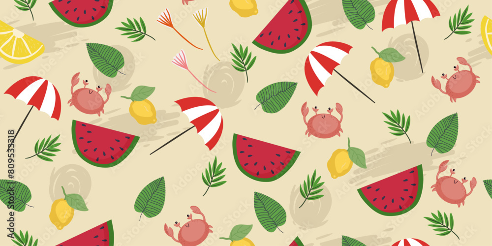 Leinwandbilder Summer pattern with umbrellas, watermelons, crabs and lemon. Seamless summer pattern with bright attributive objects and fruits.