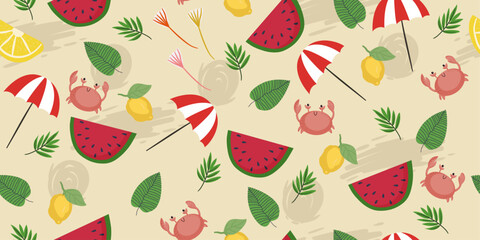 Summer pattern with umbrellas, watermelons, crabs and lemon. Seamless summer pattern with bright attributive objects and fruits.