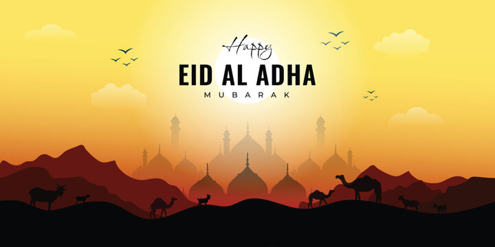 Bakrid eid al adha festival wishing or greeting banner design with mosque, sheep, moon, yellow background vector illustration