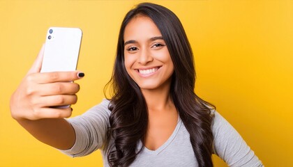 Fototapeta premium Happy Beautiful young brunette woman using smartphone mobile to selfie take photo herself standing on isolated yellow background 