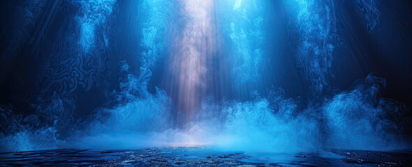 A blue waterfall in the dark, with rays of light shining through from above. Created with AI