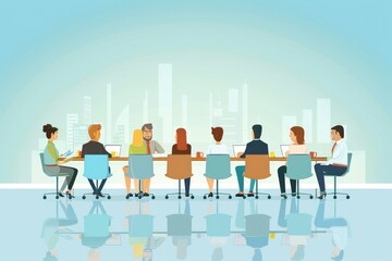 Business Meeting minimalistic illustration. A group of professionals sits around a conference table. ai generative