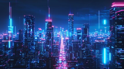A digital painting of a cyberpunk city at night. The city is full of tall buildings, neon lights, and flying cars. The sky is dark and there are clouds.