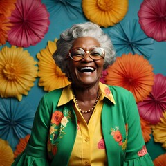 an elderly woman wearing glasses and a green bow in her hair is laughing