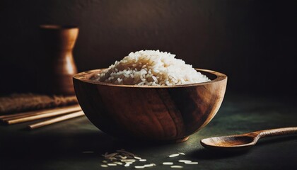 Cooked Rice in Wooden Bowl