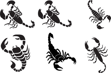 Scorpions in high quality images. Set of Scorpion Silhouette for tattoo and designing poster or banner. Symbol of protection, transformation, independence, solitude and intelligence. 