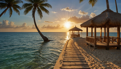 Tropical beach background as summer landscape with lounge chairs, palm trees and calm sea for beach