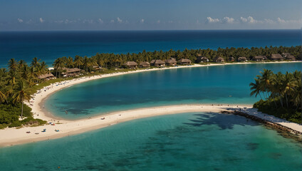 Tropical beach background as summer landscape with lounge chairs, palm trees and calm sea for beach