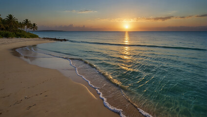 Tropical beach background as summer landscape with lounge chairs, palm trees and calm sea for beach