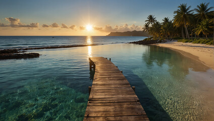 Tropical beach background as summer landscape with lounge chairs, palm trees and calm sea for beach