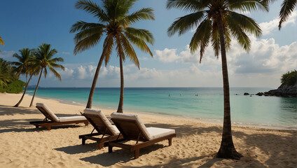 Tropical beach background as summer landscape with lounge chairs, palm trees and calm sea for beach