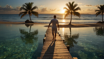 Tropical beach background as summer landscape with lounge chairs, palm trees and calm sea for beach