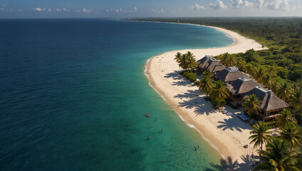 Tropical beach background as summer landscape with lounge chairs, palm trees and calm sea for beach