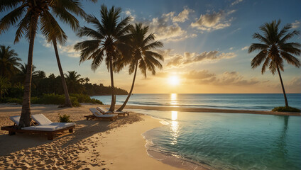 Tropical beach background as summer landscape with lounge chairs, palm trees and calm sea for beach