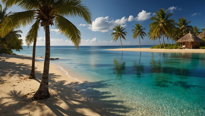 Tropical beach background as summer landscape with lounge chairs, palm trees and calm sea for beach