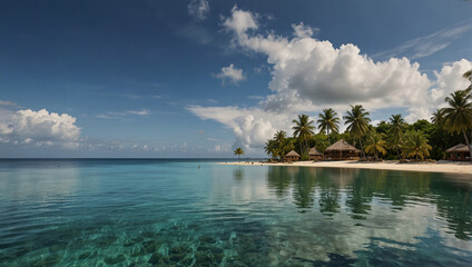 Tropical beach background as summer landscape with lounge chairs, palm trees and calm sea for beach