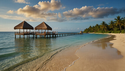 Tropical beach background as summer landscape with lounge chairs, palm trees and calm sea for beach