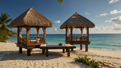 Tropical beach background as summer landscape with lounge chairs, palm trees and calm sea for beach