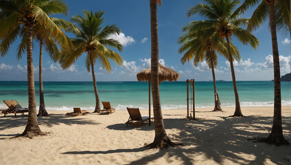 Tropical beach background as summer landscape with lounge chairs, palm trees and calm sea for beach