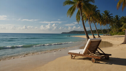Tropical beach background as summer landscape with lounge chairs, palm trees and calm sea for beach