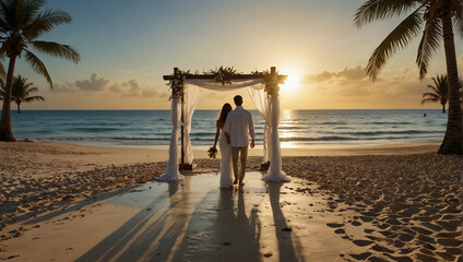 Tropical beach background as summer landscape with lounge chairs, palm trees and calm sea for beach
