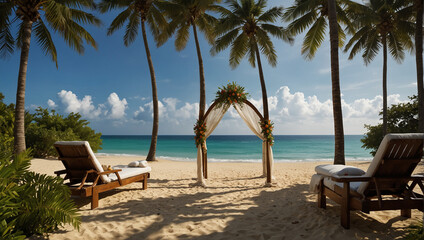 Tropical beach background as summer landscape with lounge chairs, palm trees and calm sea for beach