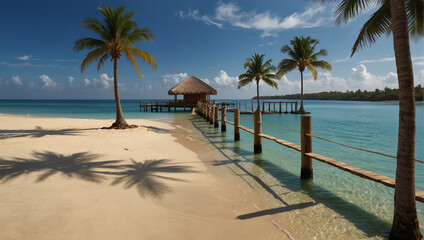 Tropical beach background as summer landscape with lounge chairs, palm trees and calm sea for beach