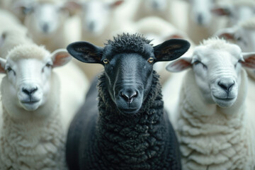 Fototapeta premium A black sheep among a flock of white sheep, raising head as a leader. Being different and unique with its own identity and special skills among the others