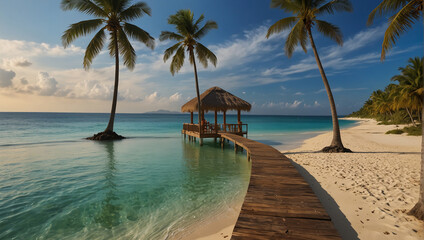 Tropical beach background as summer landscape with lounge chairs, palm trees and calm sea for beach