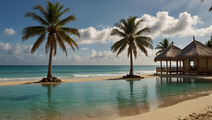 Tropical beach background as summer landscape with lounge chairs, palm trees and calm sea for beach