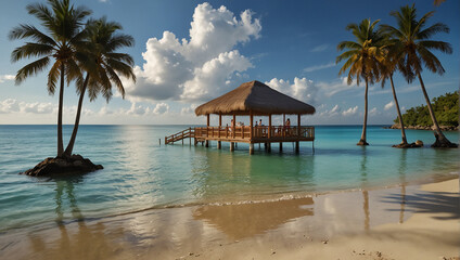 Tropical beach background as summer landscape with lounge chairs, palm trees and calm sea for beach