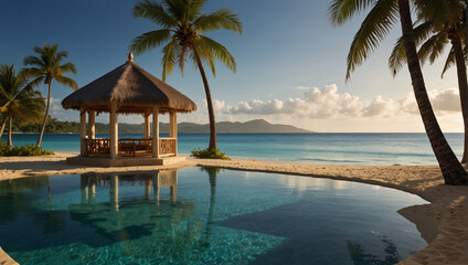 Tropical beach background as summer landscape with lounge chairs, palm trees and calm sea for beach