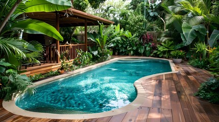 Imagine a tropical paradise in your backyard with a lush garden, wooden decking, and a refreshing swimming pool.