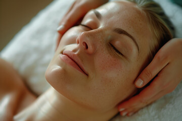 Serene woman enjoying a relaxing head massage at a day spa