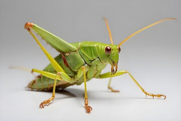 A green and yellow katydid is perched on a white surface