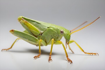 A green and yellow katydid is perched on a white surface