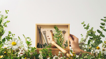 Amidst a serene garden against a backdrop of pristine white, a son expresses his love with a wooden box containing seeds and gardening tools for Mother's Day.
