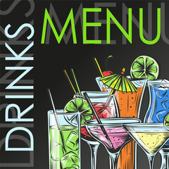 Bar, restaurant menu cover design template with alcoholic drinks, cocktails. Bar menu brochure with different glasses of cocktail and beverages. Modern graphic. Vector illustration for social media, m