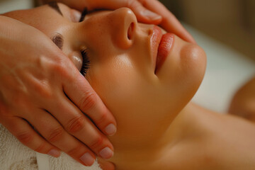 Facial massage, relaxed woman relaxing in spa salon. Feminine care and beauty