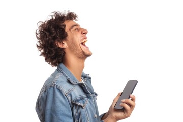 Funny man looking at a smartphone screen and laughing Isolated on white background