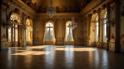 golden ballroom with a large window, large floor in gold palace. Neoclassical style, lavish rococo...